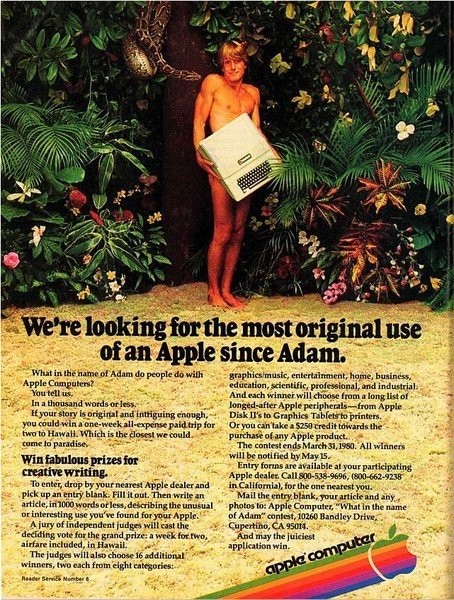 亞當抱著蘋果電腦遮擋私處。Apple II電腦廣告，1979年發(fā)布。