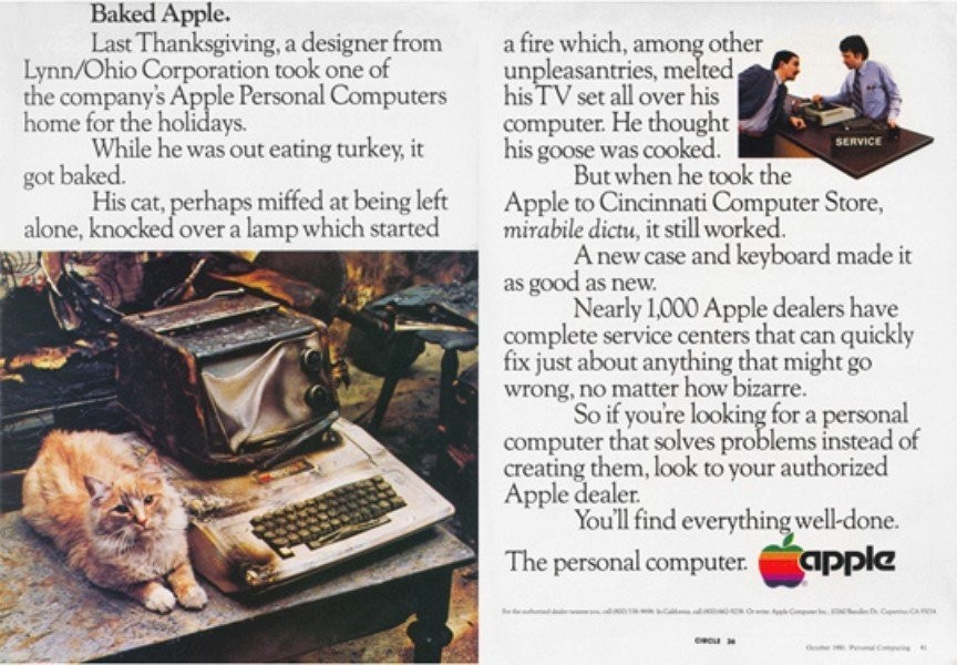 蘋果電腦燒焦了還能使用。AppleII電腦廣告，1981年發(fā)布。