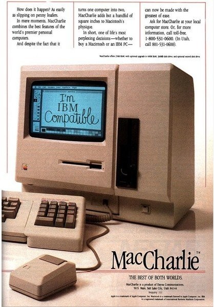 介紹蘋果電腦的MacCharlie硬件設(shè)備。蘋果電腦廣告，1986年發(fā)布。