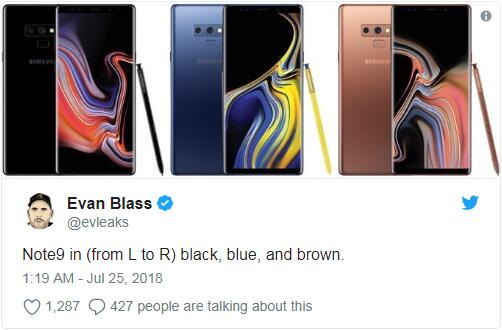 三星Galaxy Note 9三色曝光：機(jī)身與手寫筆繼續(xù)混搭